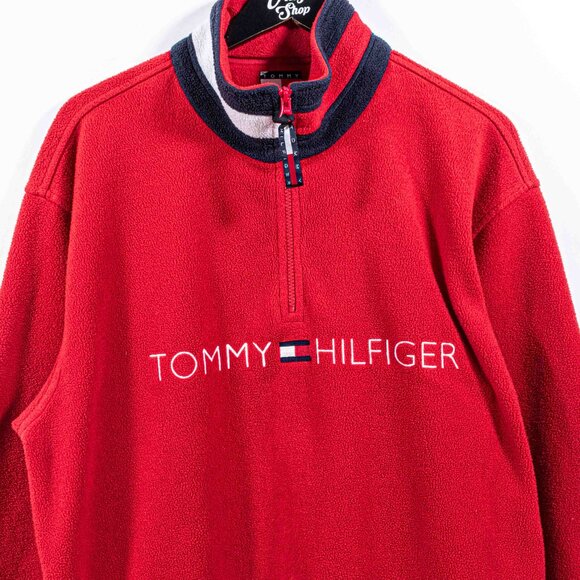Tommy Hilfiger Flag Spell Out 1/4 Zip Fleece Pullover Medium Y2K Streetwear - Picture 2 of 13